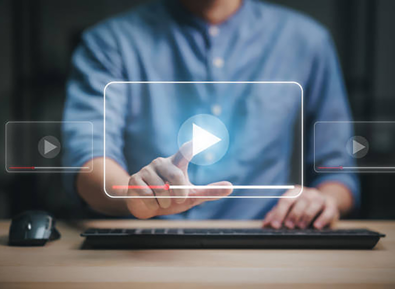 Man using mouse and keyboard for streaming online, watching video on internet, show or tutorial, live concert, Video streaming on internet Concept